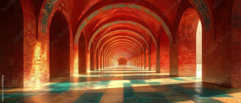 Obraz premium Endless brick arches receding into glowing light.