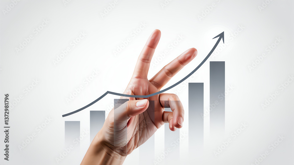 Hand Making a Victory Sign with a Rising Business Graph Representing Financial Growth and Success Hand Making a Victory Sign with a Rising Business Graph Representing Financial Growth and Success