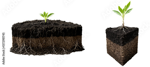 Cross-section of soil with plant toots showing, young green seedling growing in earth layers with a slightly cracked surface, isolated on a transparent background