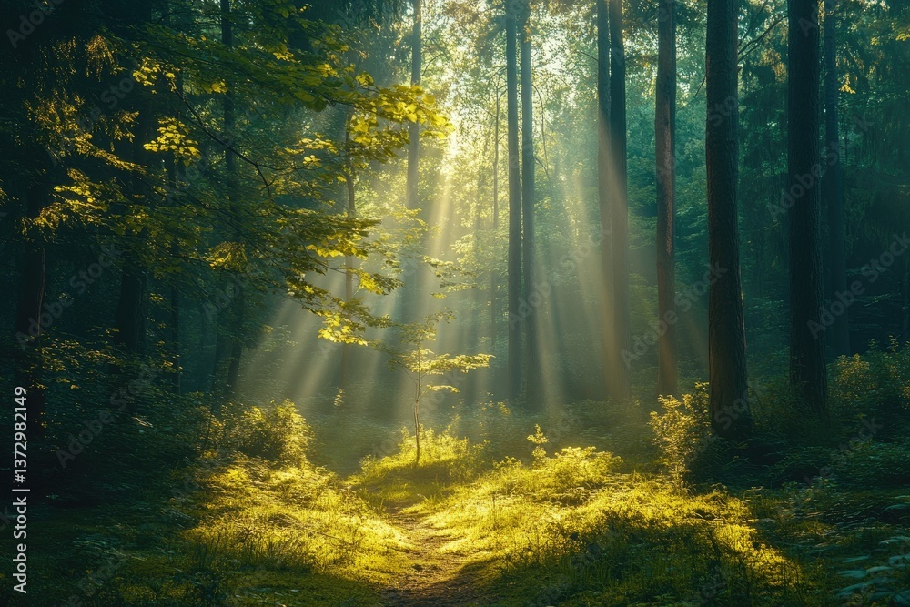 Obraz premium Sunbeams illuminating magical forest path at sunrise