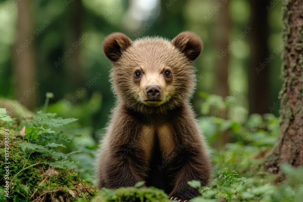 Obraz premium Brown bear cub sitting in lush green forest habitat
