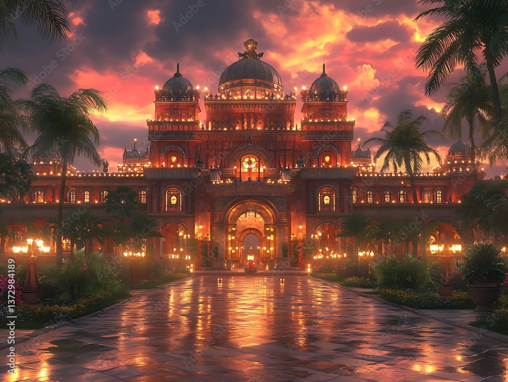 Fototapeta premium Majestic Palace Sunset with Tropical Garden.