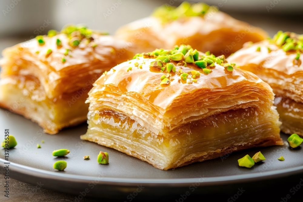 Delicious baklava covered with chopped pistachios resting on plate Delicious baklava covered with chopped pistachios resting on plate