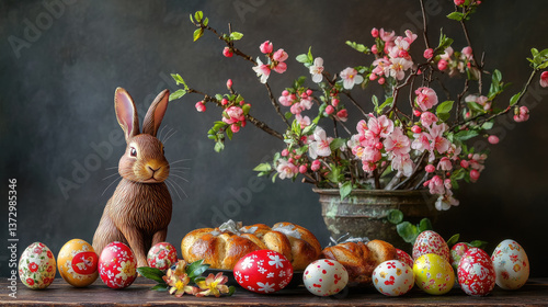 Easter painted eggs, Easter cakes, buns, flowering tree branches on the table, festive decor, traditional Christian holiday, easter bunny