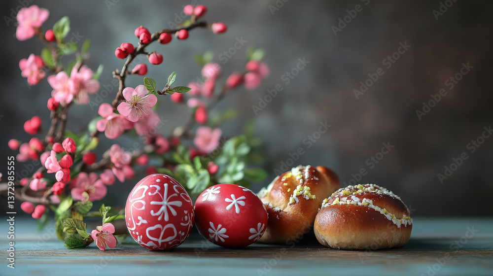 Easter painted eggs, Easter cakes, buns, flowering tree branches on the table, festive decor, traditional Christian holiday