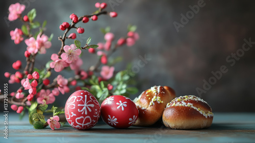Obraz na płótnie Easter painted eggs, Easter cakes, buns, flowering tree branches on the table, festive decor, traditional Christian holiday w salonie
