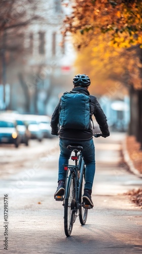A person rides a bicycle down a street in autumn