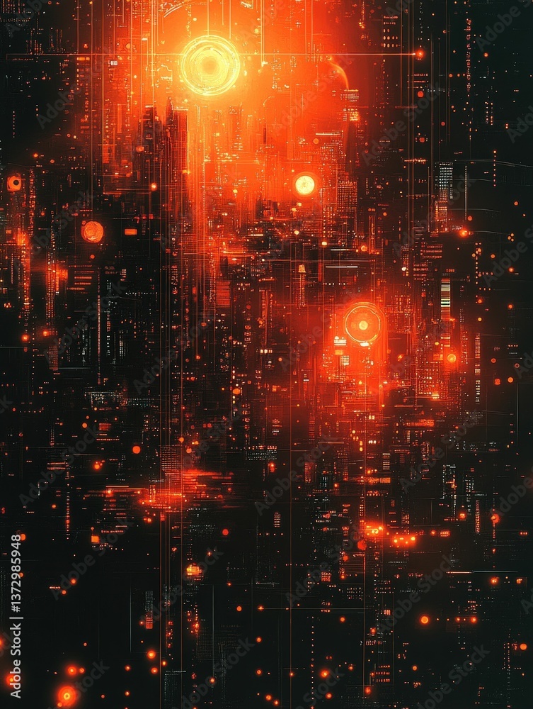 Fototapeta premium Abstract cityscape glows with fiery light.