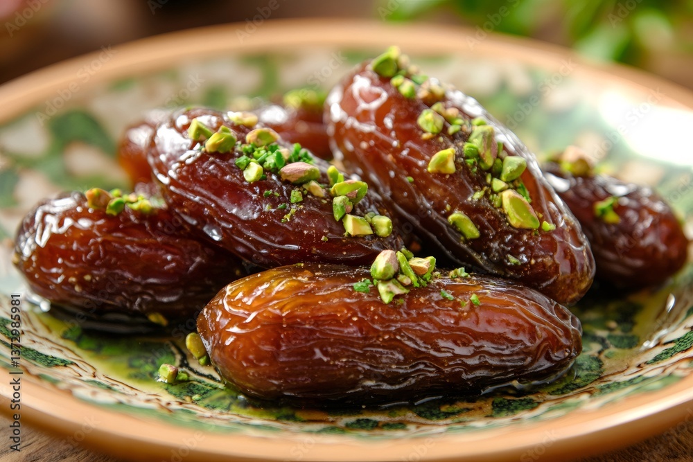 Delicious medjool dates topped with chopped pistachios on ornate plate Delicious medjool dates topped with chopped pistachios on ornate plate