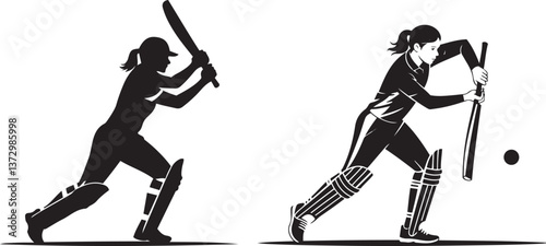 Black and white silhouettes of female cricket players
