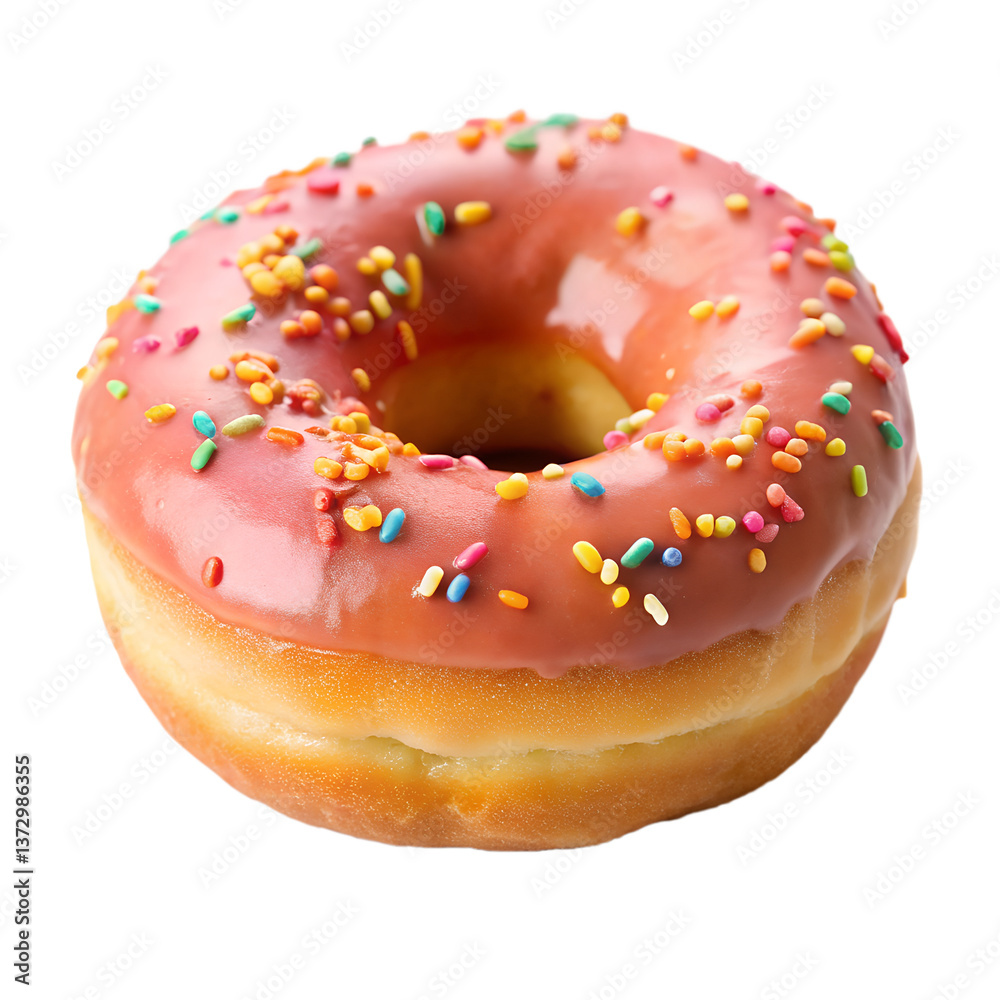 Pink donut with sprinkles on white background