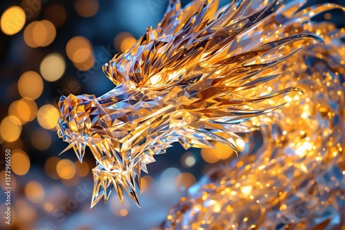 Shimmering crystal dragon with golden glowing facets on a blurred bokeh background, symbolizing power and mysticism. Ai generative