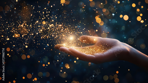 Human hand gently holding and releasing golden glitter dust, with sparkling bokeh lights in the background, magic and ethereal beauty concept