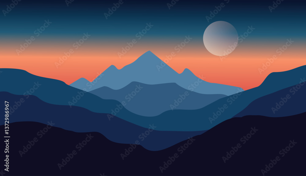 Fototapeta premium flat vector simple landscape mountain, silhouette, sunset, pine