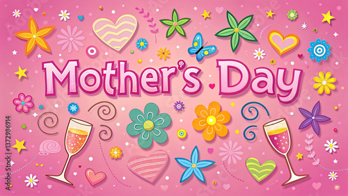 A vibrant Mother's Day celebration filled with cheerful flowers, hearts, and celebratory champagne flutes on a bright pink background.
