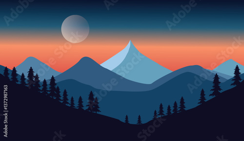 flat vector simple landscape mountain, silhouette, sunset, pine