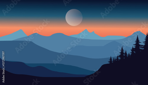 flat vector simple landscape mountain, silhouette, sunset, pine