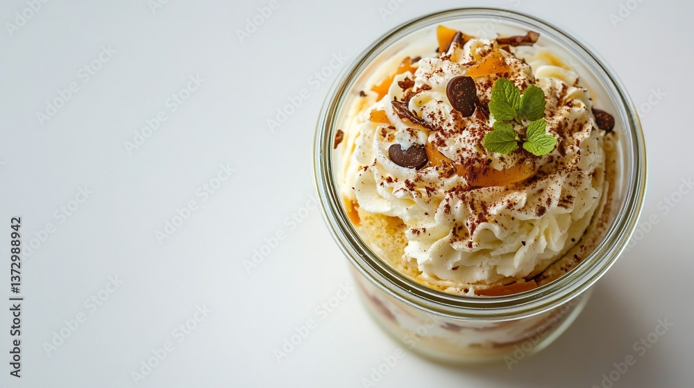 Delicate layered dessert in a glass jar with creamy topping and chocolate sprinkles Delicate layered dessert in a glass jar with creamy topping and chocolate sprinkles