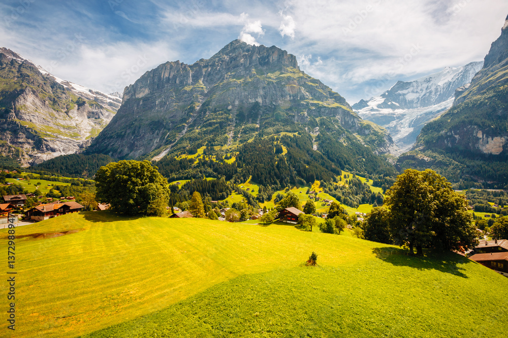 Naklejka premium Aerial view of Grindelwald village among high mountains. Location place Bernese Alps, Interlaken Oberhasli district, canton Berne, Switzerland, Europe.