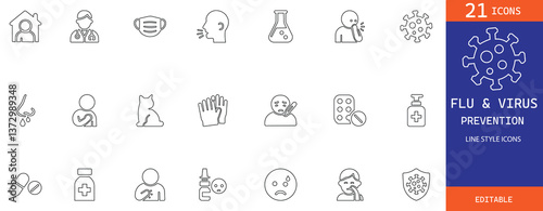 A comprehensive set of 21 editable line-style icons focused on flu and virus prevention. These icons cover various health-related topics such as masks, medical treatment, hygiene, and protection