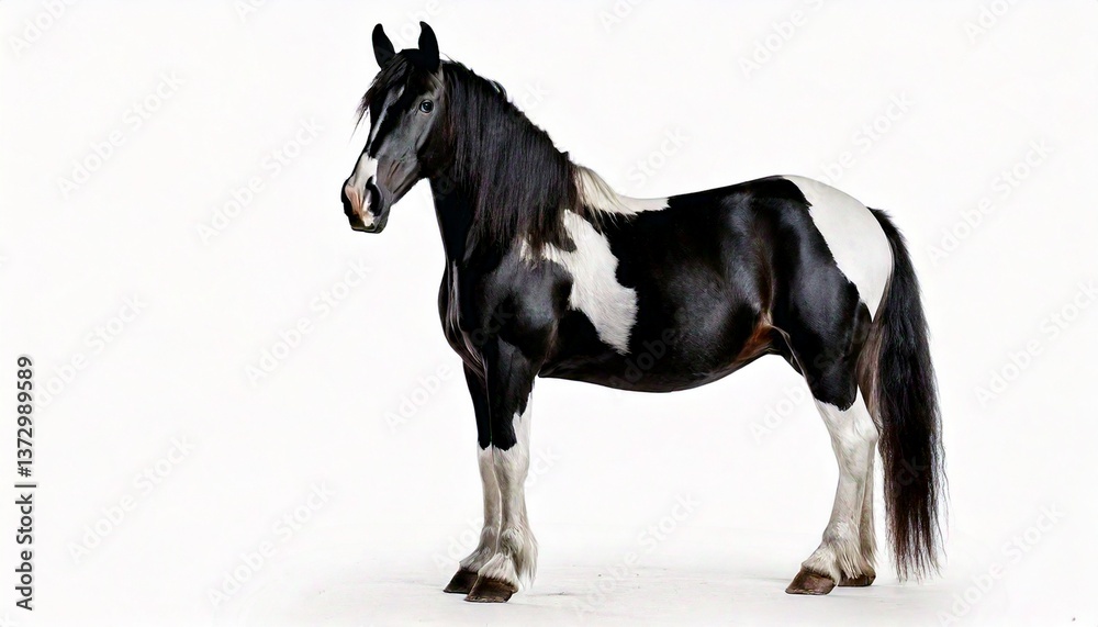 Fototapeta premium Black and white horse standing in profile, centered on white background