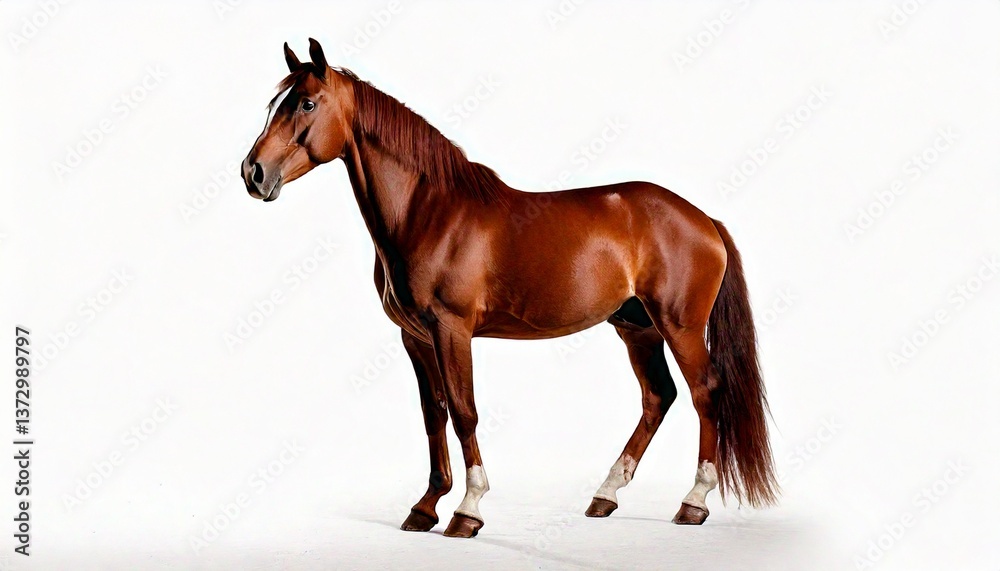 Brown horse standing in profile, centered on white background Brown horse standing in profile, centered on white background
