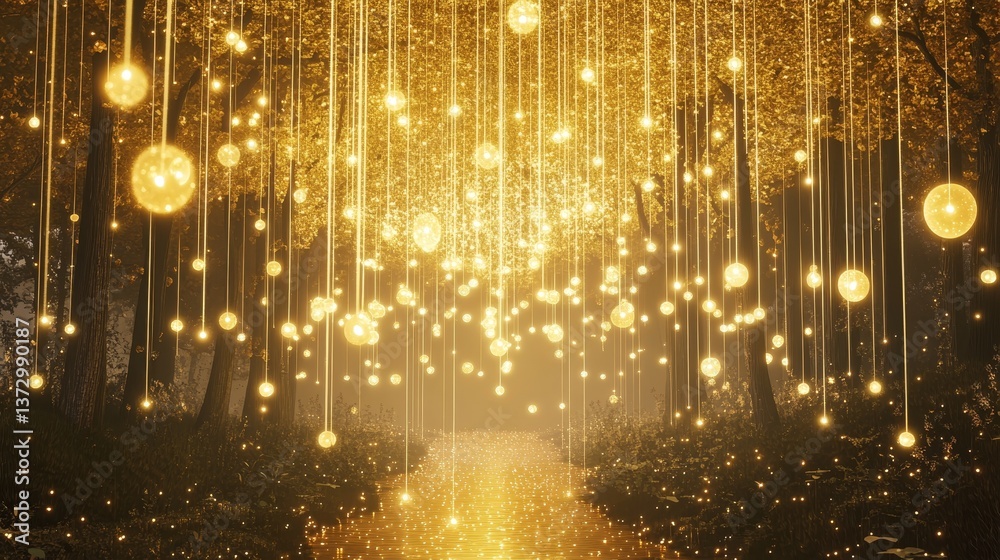 Enchanting forest landscape illuminated by ethereal floating golden orbs of light Enchanting forest landscape illuminated by ethereal floating golden orbs of light