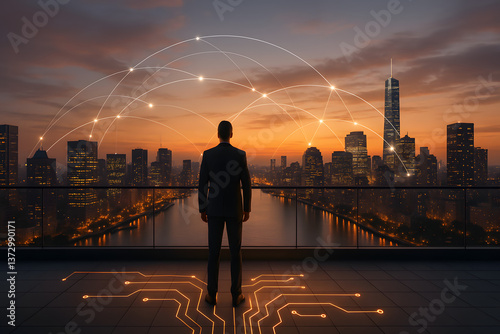 Businessman Overlooking City Network