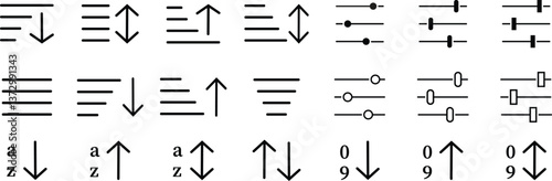 Filter and sort icon set. Sorting, filter control setting vectors isolated on transparent background. Digital Management collection of sorts, order, filter arrange list, editable stroke.