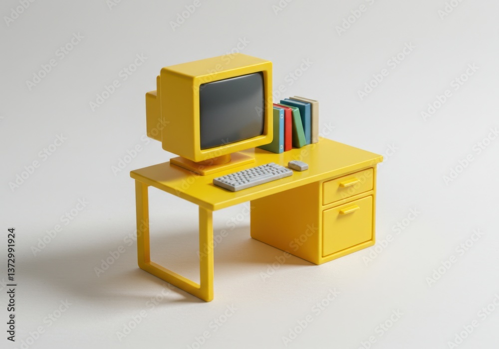 A yellow computer setup with books on a desk against plain surface A yellow computer setup with books on a desk against plain surface