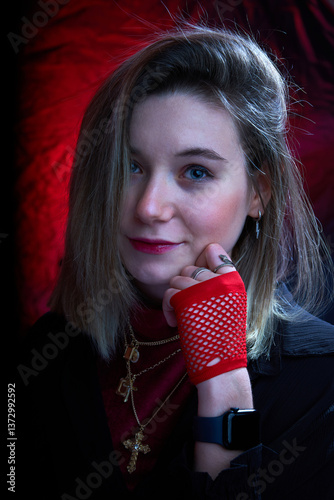 Wallpaper Mural Beautiful portrait of a young girl on a black and red background Torontodigital.ca
