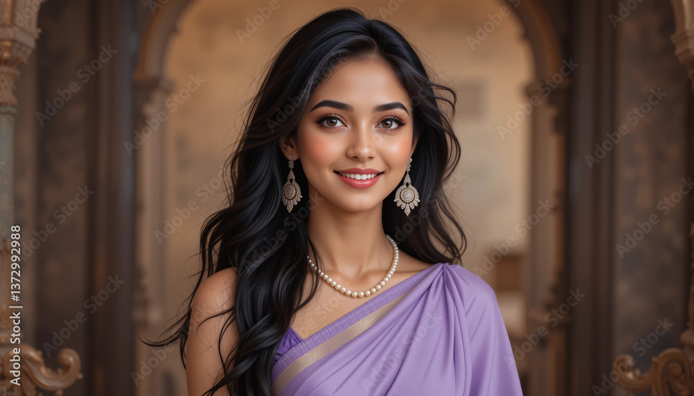 Fototapeta premium Brunette woman's smiling face radiates beauty and happiness
