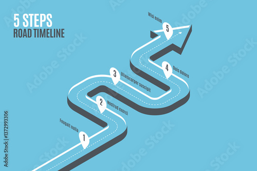 Isometric navigation map infographic 5 steps timeline concept. Winding road. Vector illustration.