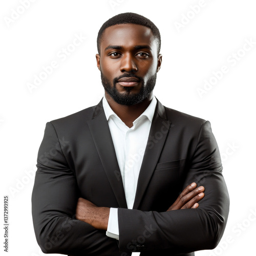 Portrait of confident African businessman in suit with crossed arms isolated on white background. Man in formal business attire looking at camera