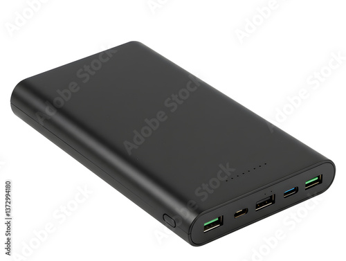 Black Portable Power Bank with Multiple USB Ports – Fast Charging Device isolated transparent background