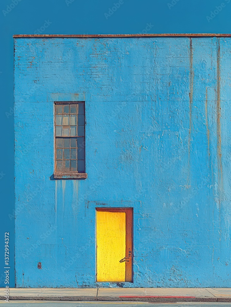 Blue building wall yellow door window detail Blue building wall yellow door window detail