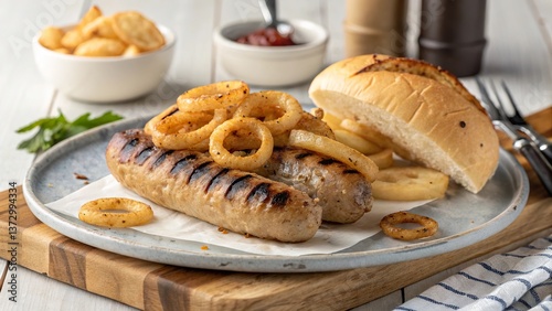 Savory bratwurst delight topped with crispy onion rings served on a rustic plate