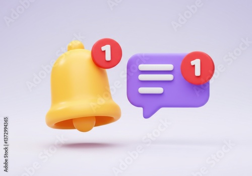 Yellow bell and purple speech bubble with notification number one icon