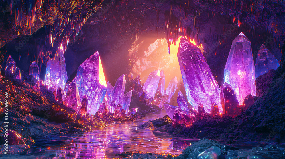 Fototapeta premium A mysterious cave illuminated by purple and orange lights creating a stunning display of colors against the crystals and reflective surfaces present.