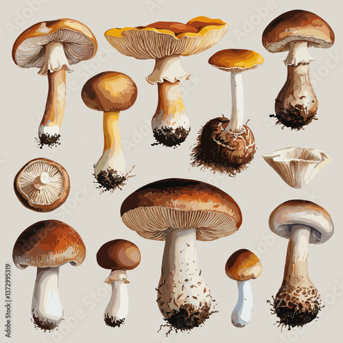 Watercolor Botanical Study of Edible Mushrooms Collection