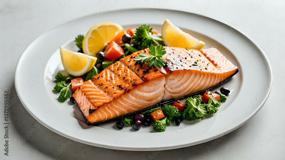 Delicious grilled salmon fillet served with a fresh salad of mixed greens, cherry tomatoes, and lemon wedges. A healthy and appetizing meal. Delicious grilled salmon fillet served with a fresh salad of mixed greens, cherry tomatoes, and lemon wedges. A healthy and appetizing meal.