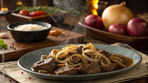 Delicious steaming bistec encebollado served on an elegant plate with rich onions and fragrant herbs