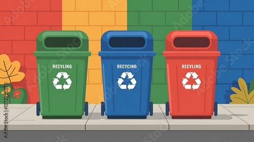 Recycling bins lined up on a sidewalk against a colorful wall in a community cleanup effort