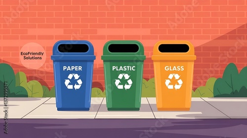 Recyclable waste bins lined up on a sidewalk in an urban area during daylight hours