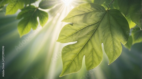 Sunlight filtering through green leaves creates a serene atmosphere in a lush forest during the early morning