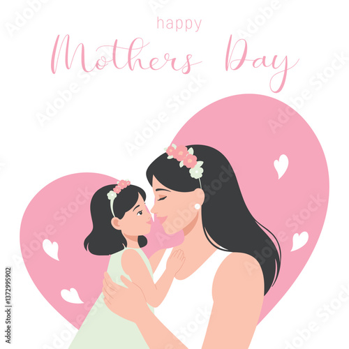 Happy Mother’s Day illustration with a loving mother and daughter embracing, surrounded by pink hearts. Cute and minimalist greeting card design celebrating motherhood, family bonds, and maternal love