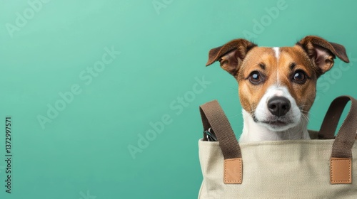 A curious dog peeks out from a stylish tote bag against a vibrant turquoise background.