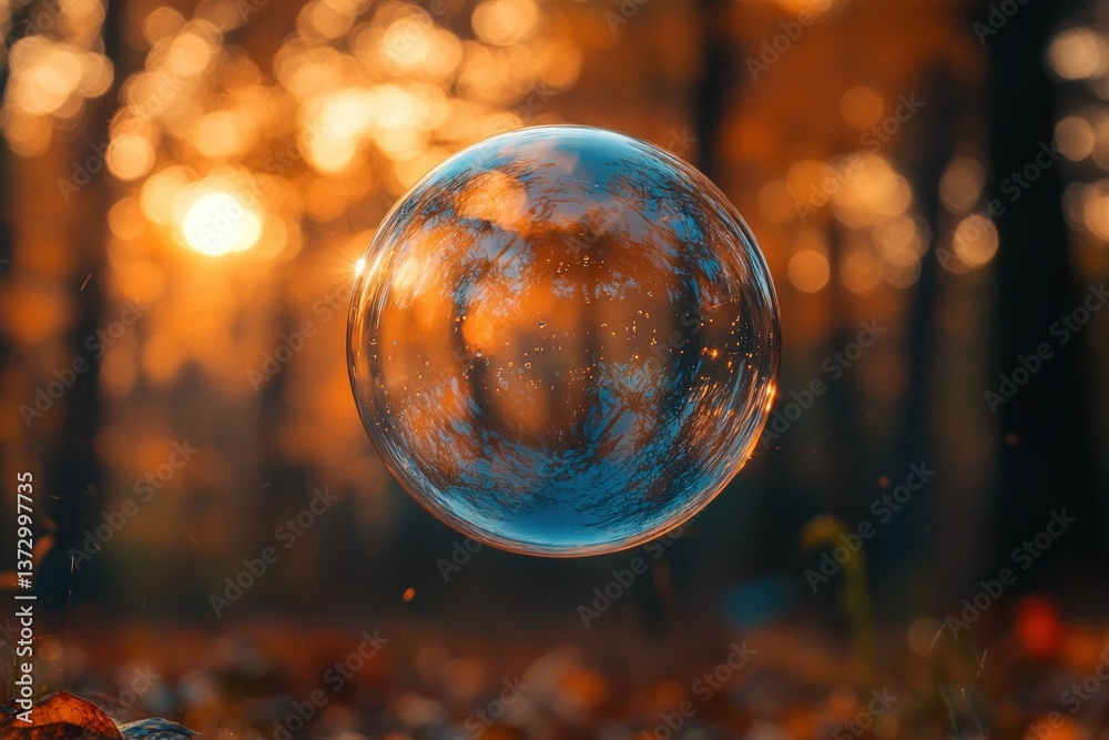 Soap bubble reflects autumn forest at sunset Soap bubble reflects autumn forest at sunset