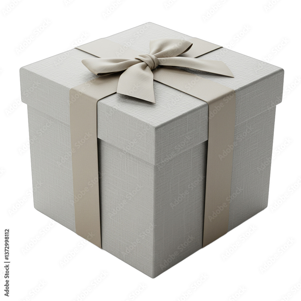 Elegant gift box with a simple taupe ribbon and bow on a clean white backdrop Elegant gift box with a simple taupe ribbon and bow on a clean white backdrop