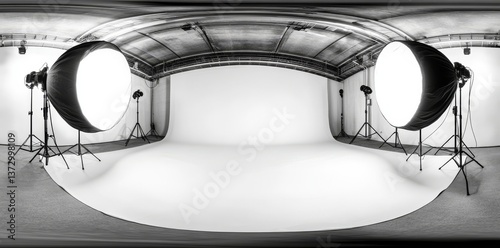 A fully spherical 360 panorama view of an empty photography studio with a studio backdrop and flash lights is depicted in a 3D rendered illustration using HDRI, HDR, and VR techniques